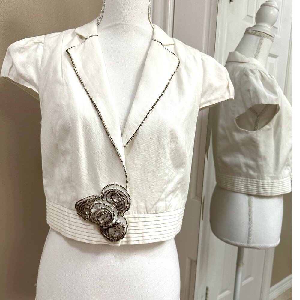 Anthropologie Elevenses Zipped Rosettes Jacket White Short Sleeve Women Size 6